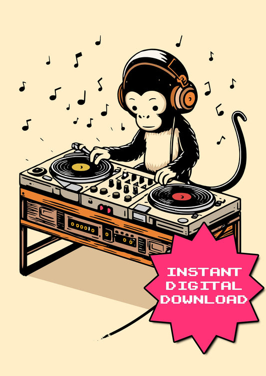 Monkey DJ Print: Retro Music Room Wall Art (Digital Download)