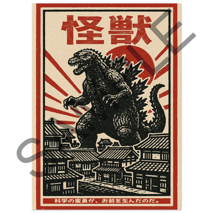 Retro Godzilla Kaiju Poster – Japanese Vintage Monster Movie Fine Art Poster