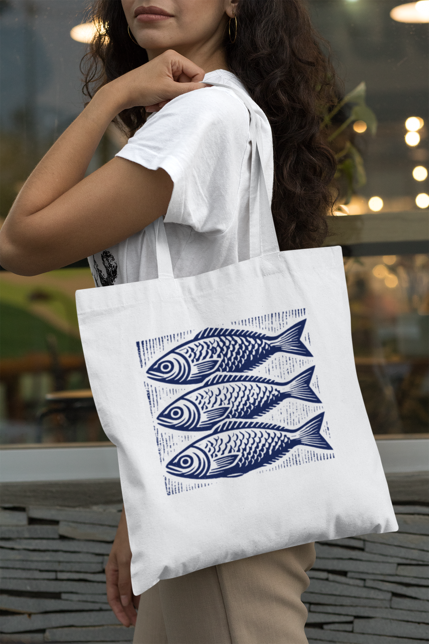 Fisherman Aesthetic fish Tote Bag – 100% Cotton, Reinforced Handles, Unique Block Print Design - Rampage Design Studio