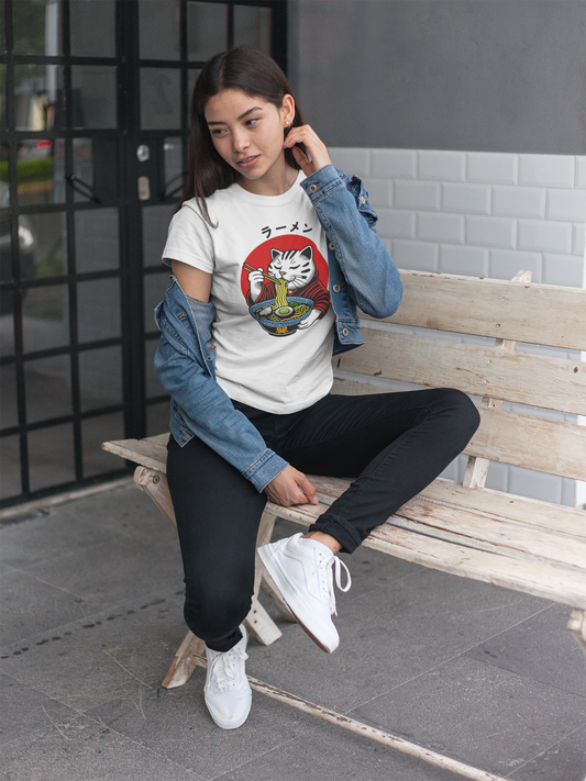 Ramen Cat T-Shirt, Japanese print Tee, Cat lover t-shirt, Soft Cotton Tee with Block Print and Japanese Text, Japanese Food shirt - Rampage Design Studio