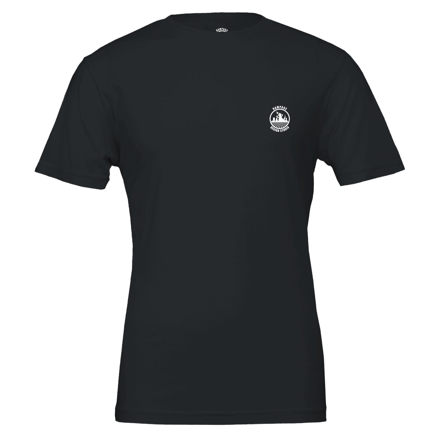 A black short-sleeve crewneck t-shirt with a small white circular mountain logo on the left chest, displayed on a solid white background.