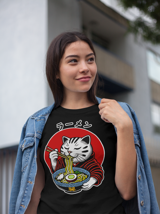 Ramen Cat T-Shirt, Japanese print Tee, Cat lover t-shirt, Soft Cotton Tee with Block Print and Japanese Text, Japanese Food shirt - Rampage Design Studio