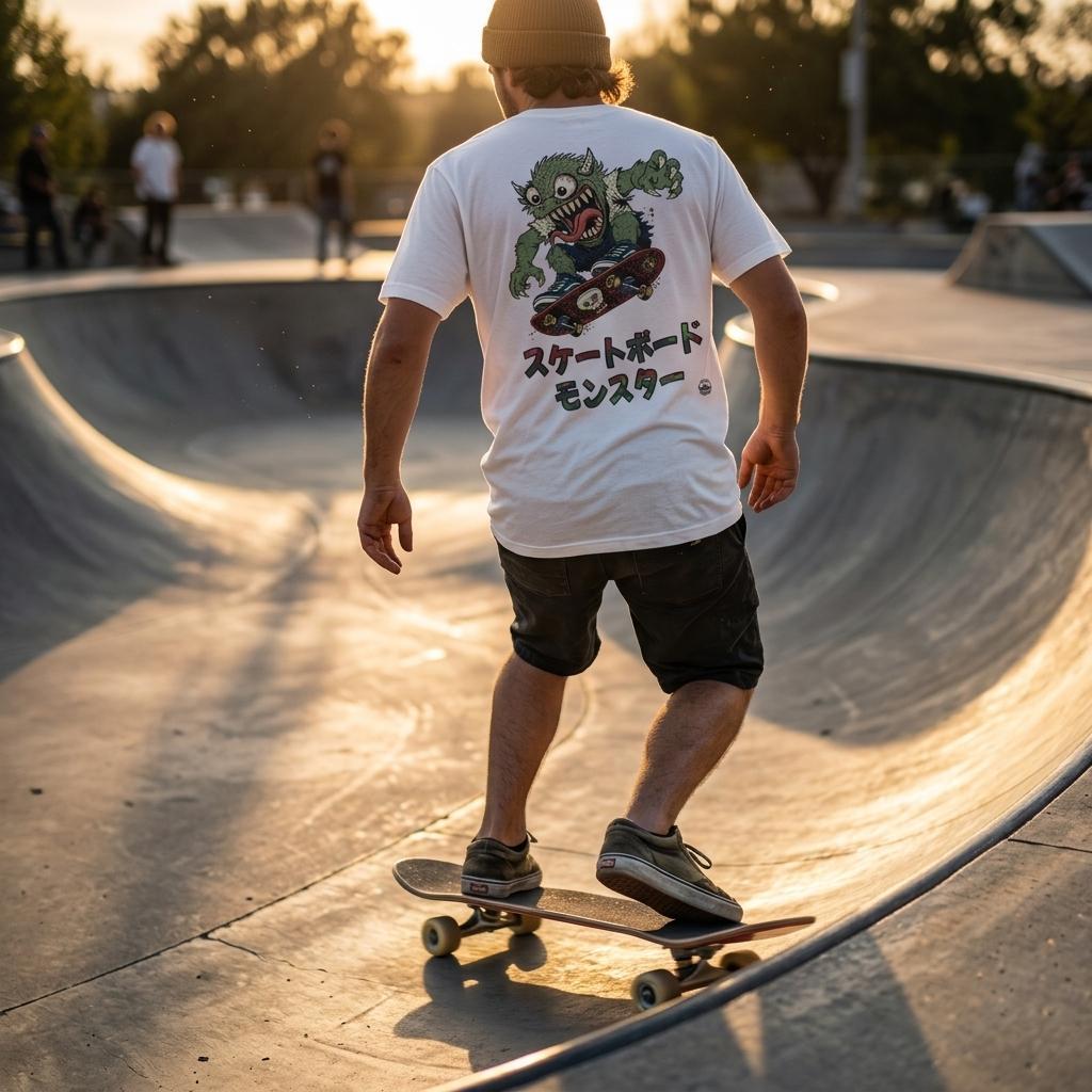 A person skateboarding in a concrete bowl at sunset, viewed from behind. The main visible product is a white graphic T-shirt with a large green monster illustration and Japanese text on the back.