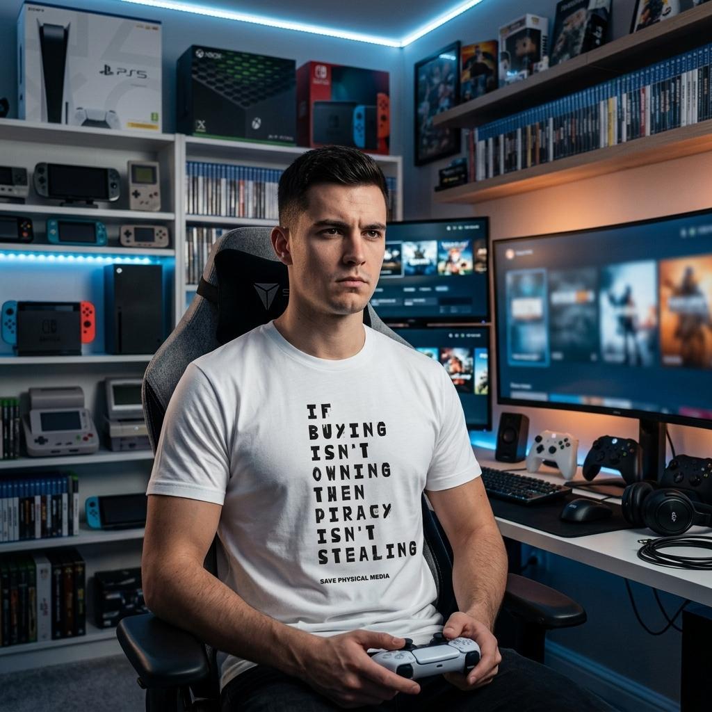 Save Physical Media Shirt | If Buying Isn't Owning Then Piracy Isn't Stealing T-Shirt | Gamer Gift | Retro Gaming Tee | Digital Ownership Protest