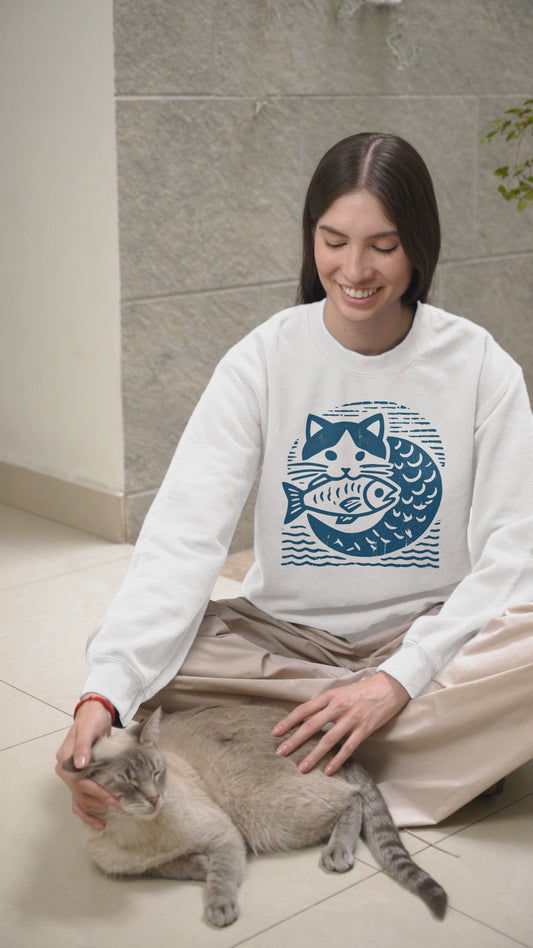 Cat & Fish Two-Tone Ink Block Print style Sweatshirt