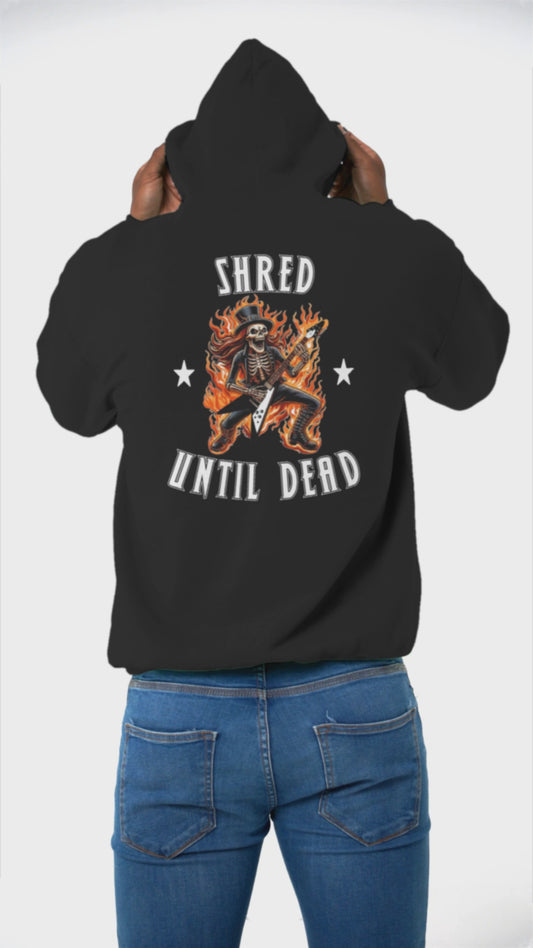 Fiery Skeleton Guitarist Hoodie – 'Shred Until Dead' Graphic, Heavy Blend Material