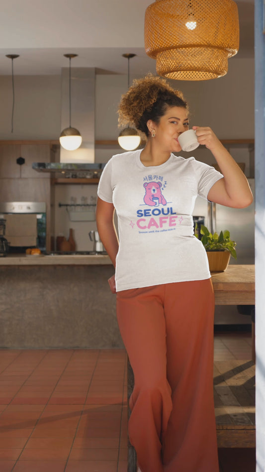 Sleepy Bear T-shirt, Cute Seoul Cafe Design, coffee lovers gift, cafe culture, Korean Design, funny cute design, coffee tee, Soft Cotton, Funny Coffee Quote