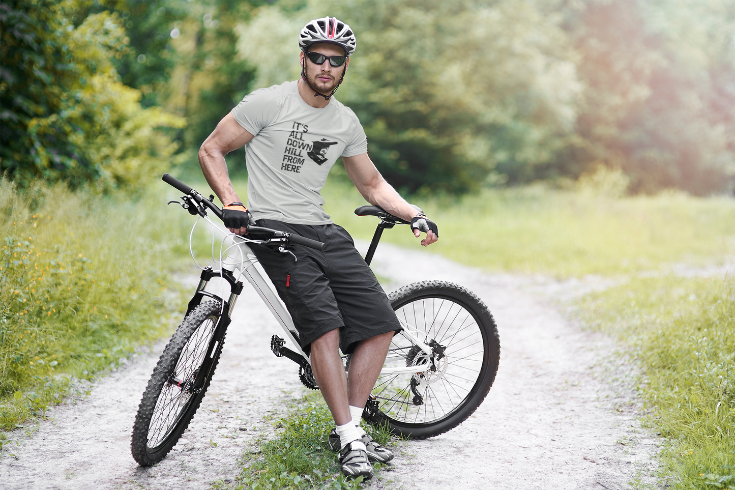 Mountain Biking T-Shirt  - 'It's All Downhill From Here' Helmet Design, Soft & Eco-Friendly - Rampage Design Studio