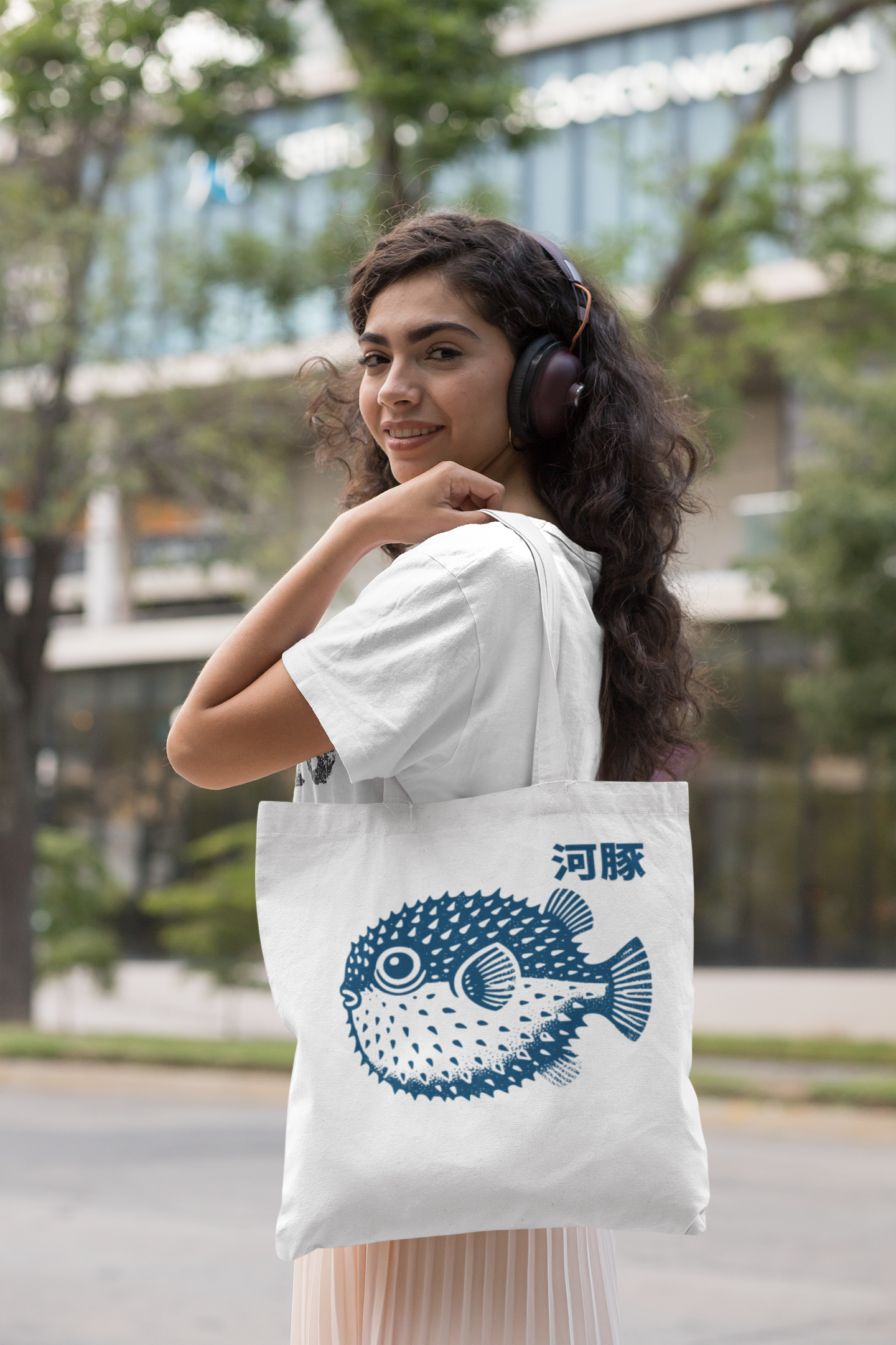 Japanese Fugu Pufferfish Canvas Print ink Block White Tote Bag - Rampage Design Studio